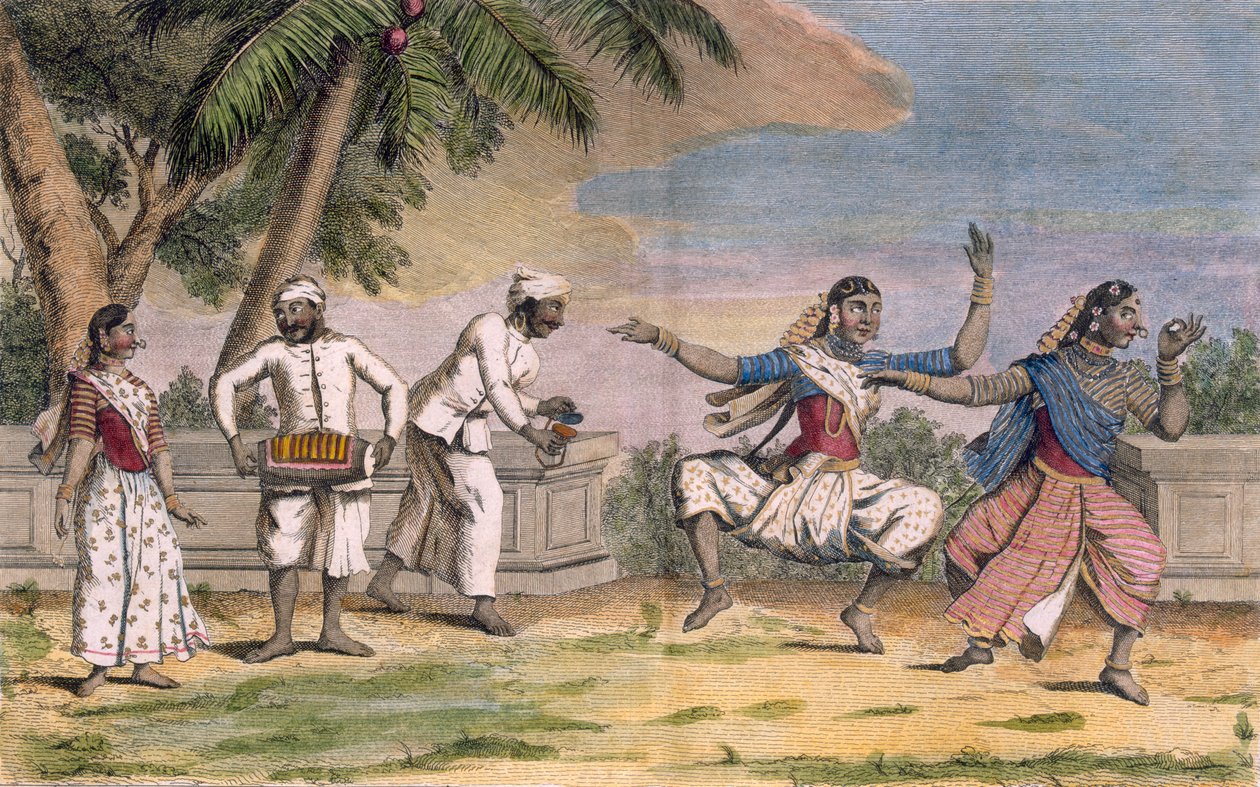 En gruppe Bayaderes, eller indiske dansende jenter, med mannlige musikere, illustrasjon fra 