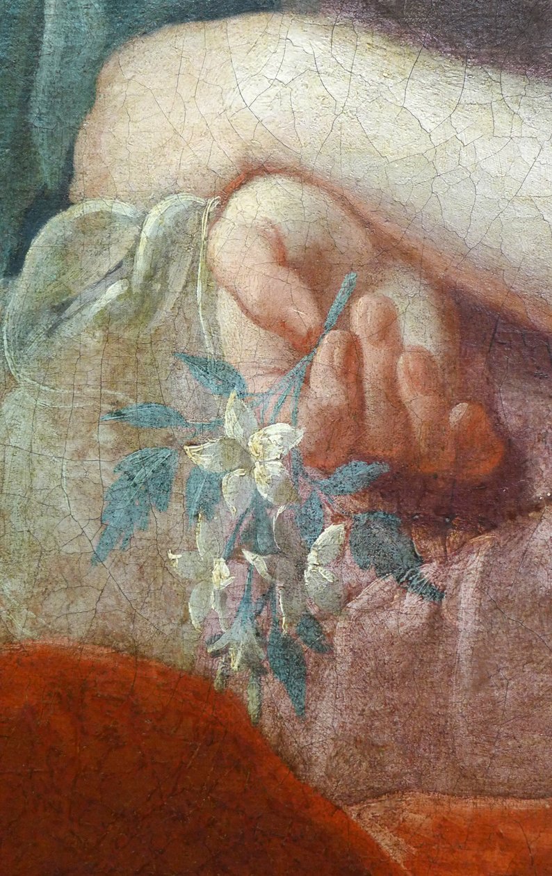 Hånden til en ung kvinne som holder en blomstrende gren. Detalj av portrett av Madame Poulhariex og datteren hennes, rundt 1728 (olje på lerret) av Pierre Subleyras