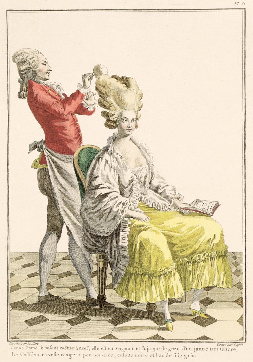 En ung kvinne i en peignoir med sin frisør, plate 31 fra 