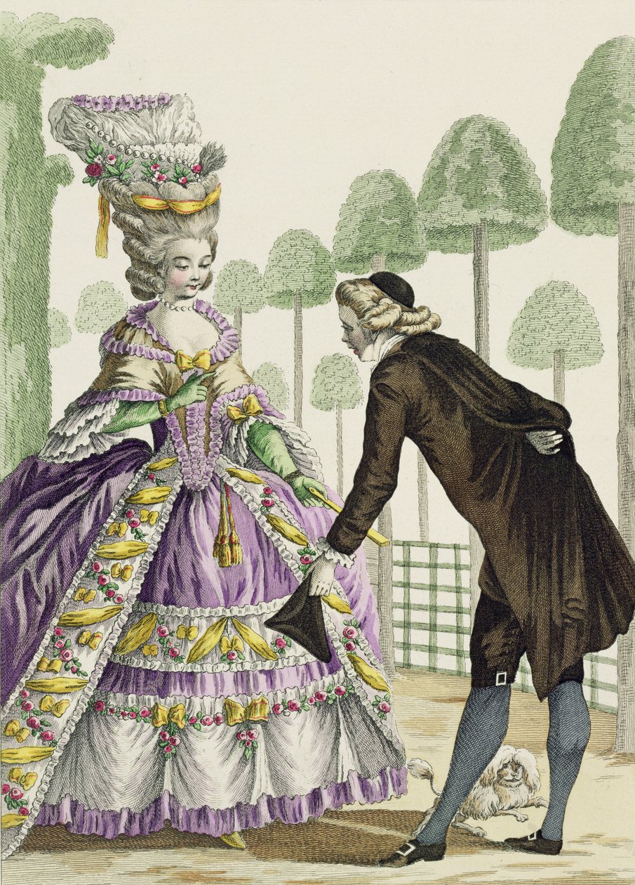 Lady in a Lilac Dress Promenades in the Gardens of the Palais Royal, plate 13 fra 'Galerie des Modes et Costumes Francais', gravert av Etienne Claude Voysard (1746-1812) 1778 av Pierre Thomas Le Clerc