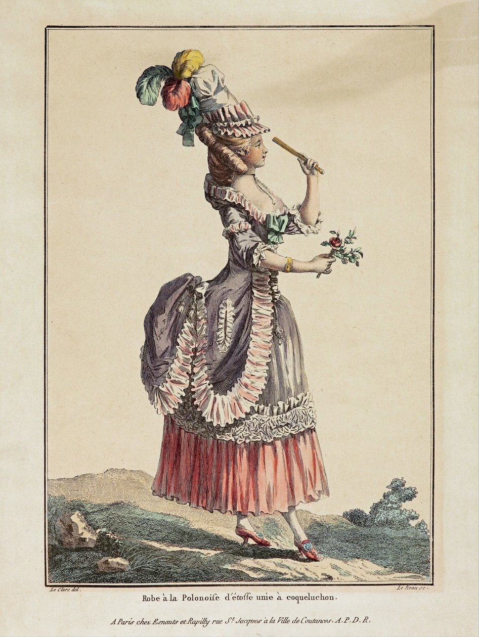 Polsk kjole av vanlig stoff med coqueluchon - Verk av Pierre Thomas Le Clerc (1739-1796), gravering og akvarell, hentet fra Gallery of French Modes and Costumes av Pierre Thomas Le Clerc