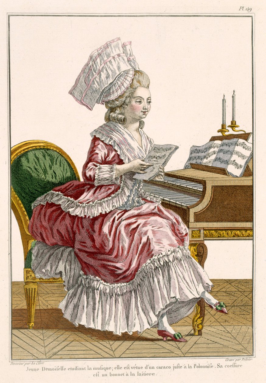 Ung kvinne som studerer musikk ved cembaloen hennes, plate 149 fra 