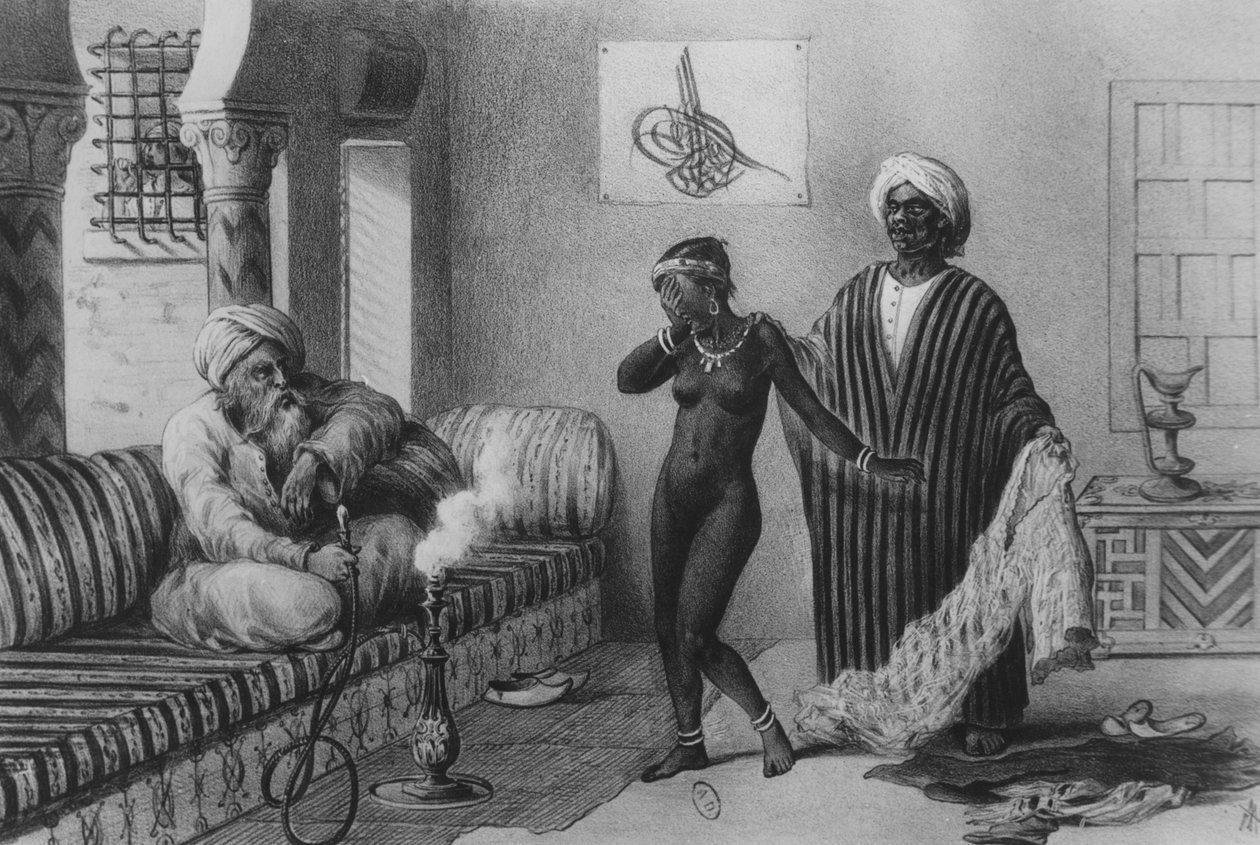En ung jente fra Timbuktoo blir tilbudt av en slavemester i Tripoli i 1854, fra "Voyages au Soudan et dans L"Afrique Septentrionale", gravert av A. Adam, 1850 av Pierre Tremaux