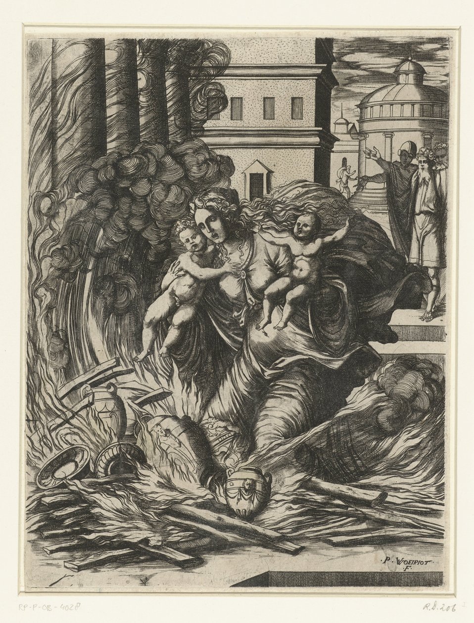 Ashdrubals kone stuper inn i det brennende tempelet av Pierre Woeiriot (II)