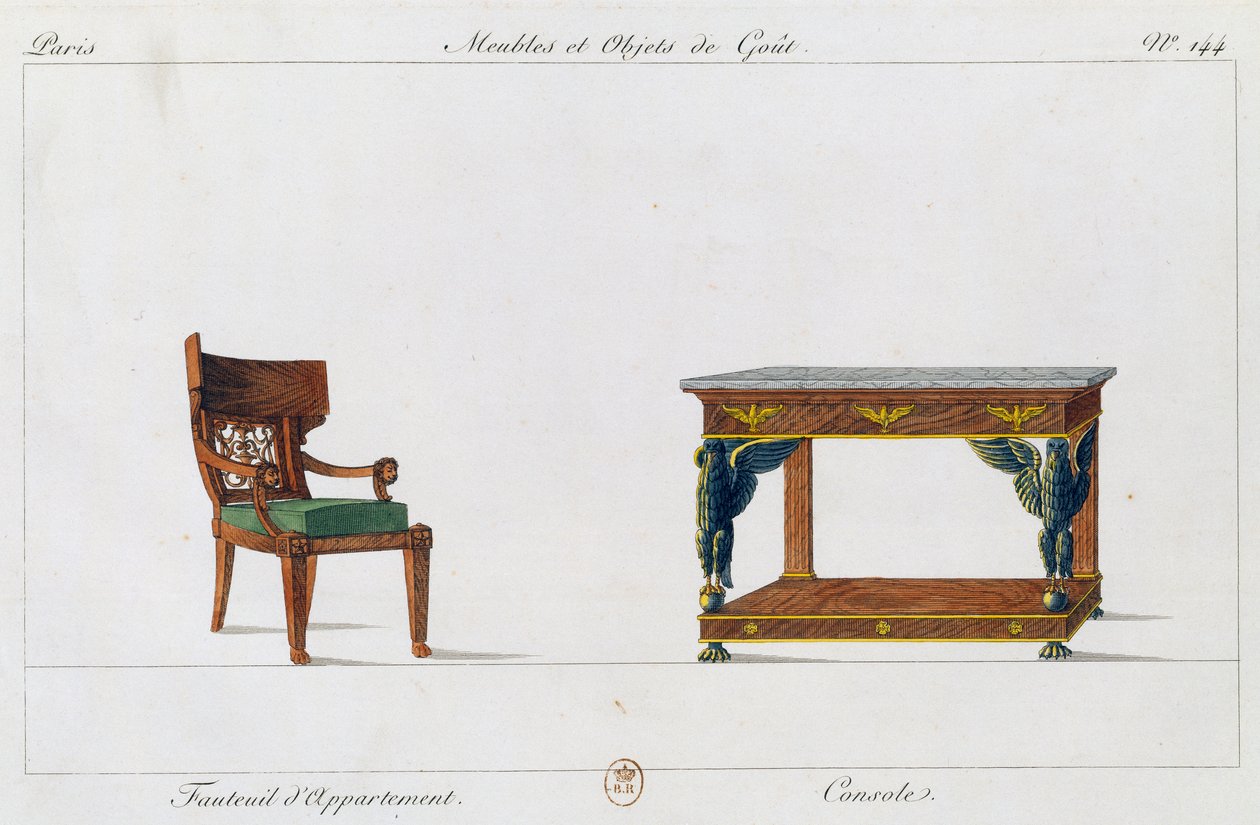 Leilighet lenestol og konsoll, plate 144, illustrasjon fra Collection de meubles et objects de gout (Samling av møbler og smaksobjekter) av Pierre de La Mesangere