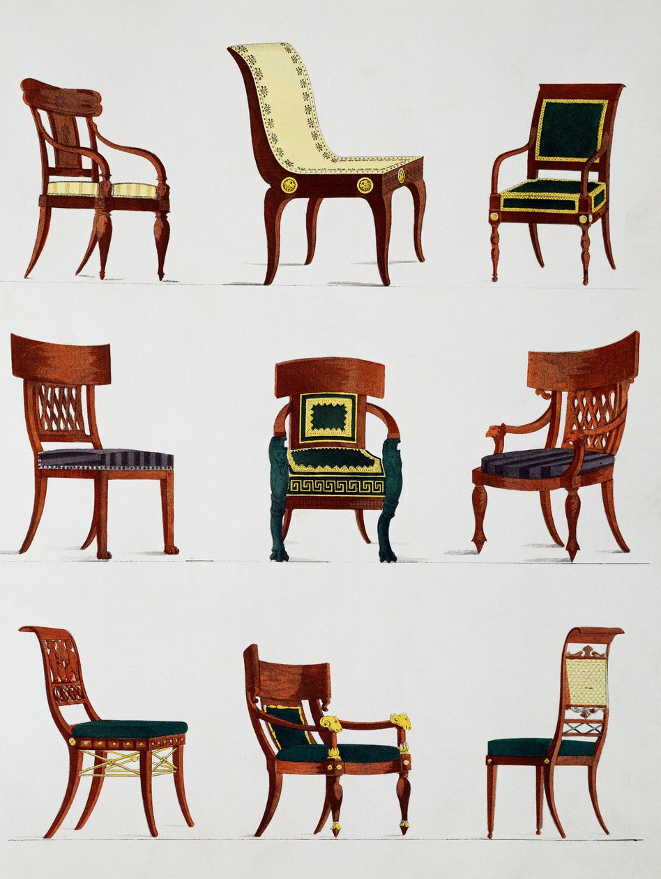Lenestoler og stoler, konsulattiden, Illustrasjon fra Collection de meubles et objects de gout (Samling av møbler og smaksgjenstander) av Pierre de La Mesangere