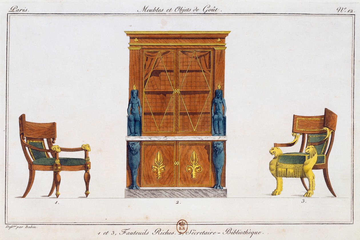 Lenestoler og biblioteksskrivebord, tallerken 12, illustrasjon fra Collection de meubles et objects de gout (Samling av møbler og smaksgjenstander) av Pierre de La Mesangere