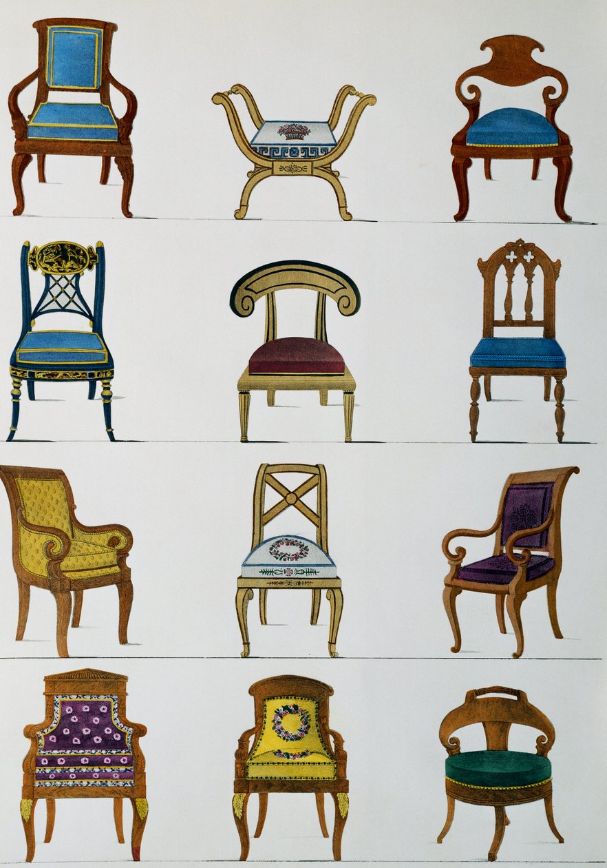 Lenestoler, stoler og fotskamler, Illustrasjon fra Collection de meubles et objects de gout (Samling av møbler og smaksgjenstander) av Pierre de La Mesangere