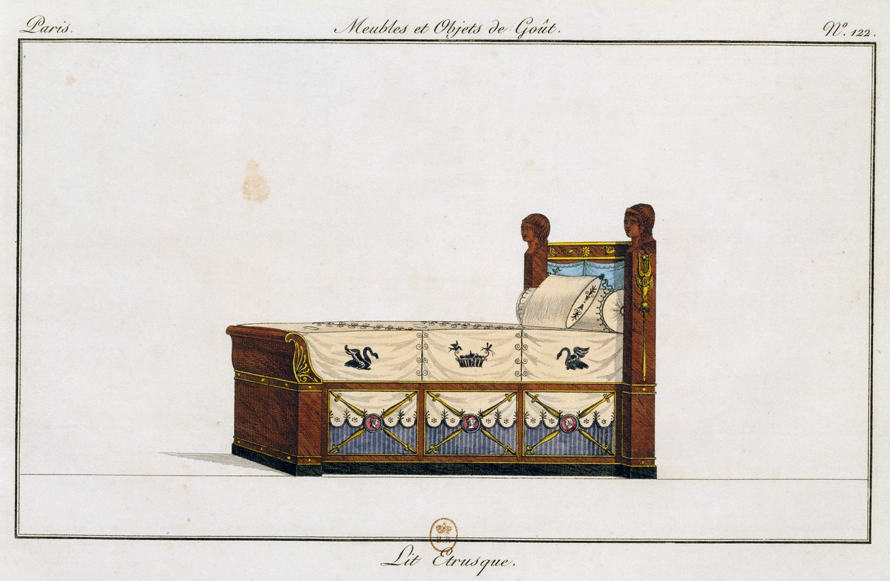 Etruskisk seng, tallerken 122, illustrasjon fra Collection de meubles et objects de gout (Samling av møbler og smaksobjekter) av Pierre de La Mesangere