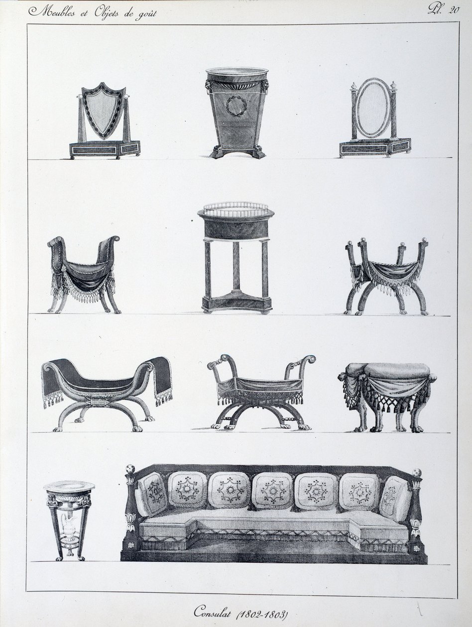 Møbler fra periodens konsulat (1802-1803). Tallerken hentet fra samlingen "" Collection de mobilier et objets de taste"" av Pierre de la Mesangere (1761-1831). Paris. Dekorativ kunst av Pierre de La Mesangere