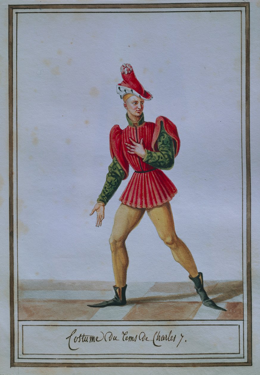 Moteplate for menn som viser kostyme fra Charles VII (1403-1461), av Pierre Antoine Leboux de La Mesangere (1761-1831), akvarell av Pierre de La Mesangere