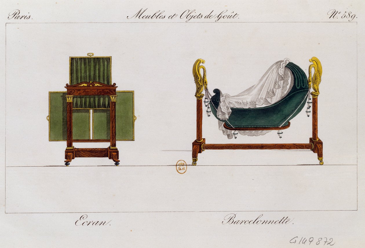 Skjerm og gyngevugge, tallerken 589, illustrasjon fra Collection de meubles et objects de gout (Samling av møbler og smaksobjekter) av Pierre de La Mesangere
