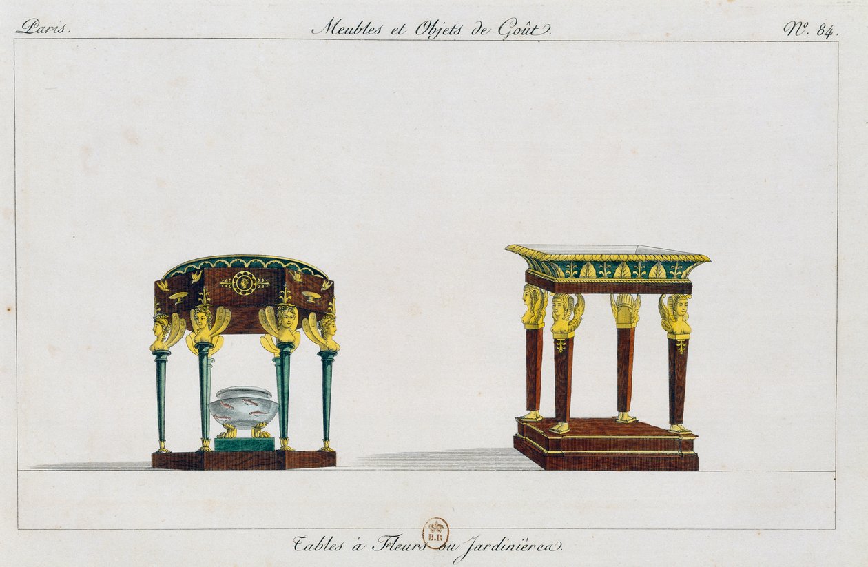 Bord for blomster eller blomsterstativer, tallerken 84, illustrasjon fra Collection de meubles et objects de gout (Samling av møbler og smaksgjenstander) av Pierre de La Mesangere