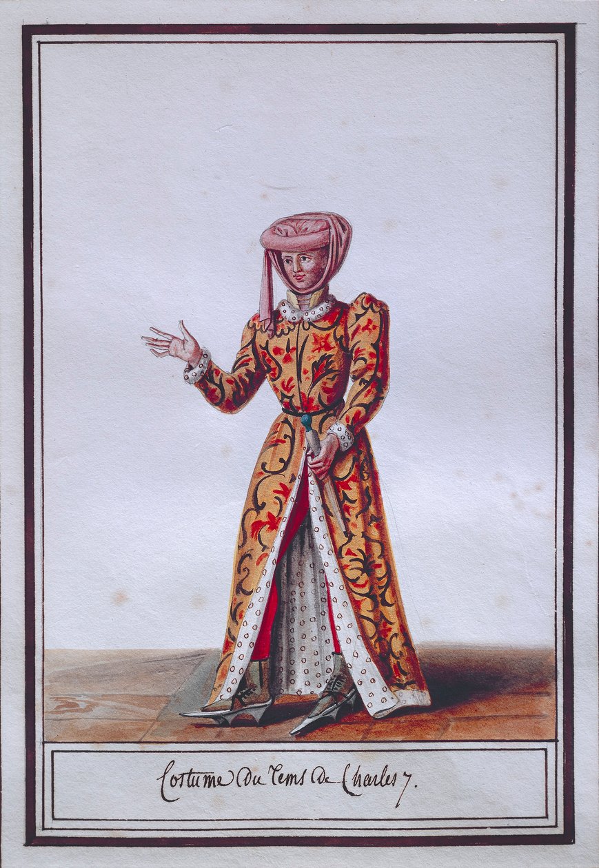 Moteplate for kvinner som viser kostyme fra Charles VII (1403-1461), av Pierre Antoine Leboux de La Mesangere (1761-1831), akvarell av Pierre de La Mesangere