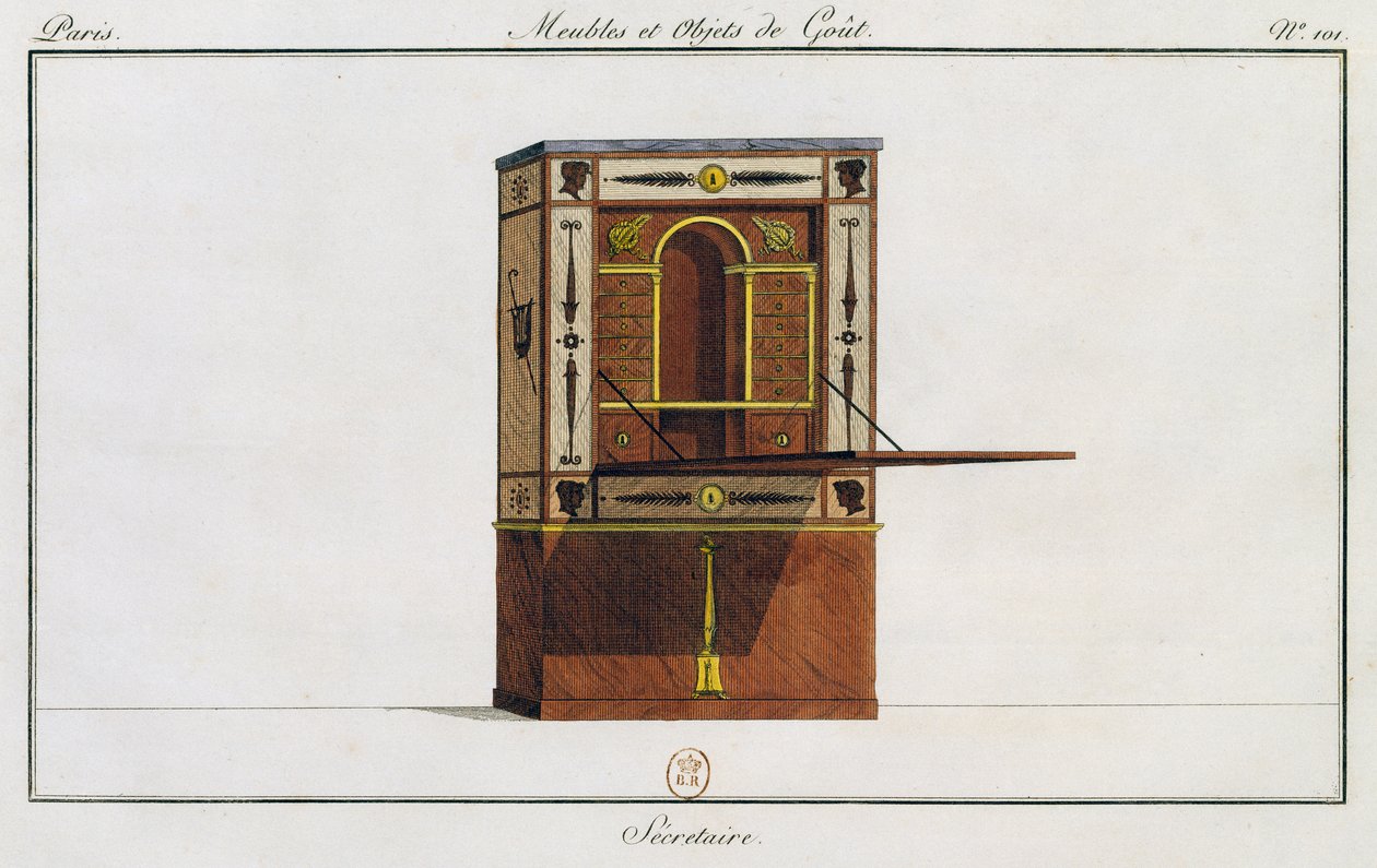 Skrivebord, tallerken 101, illustrasjon fra Collection de meubles et objects de gout (Samling av møbler og smaksobjekter) av Pierre de La Mesangere