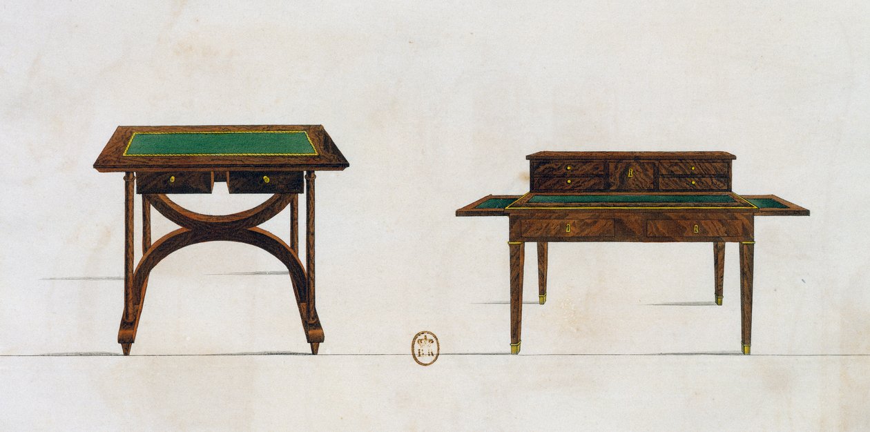 Skrivebord og skrivebord, tallerken 436, illustrasjon fra Collection de meubles et objects de gout (Samling av møbler og smaksgjenstander) av Pierre de La Mesangere