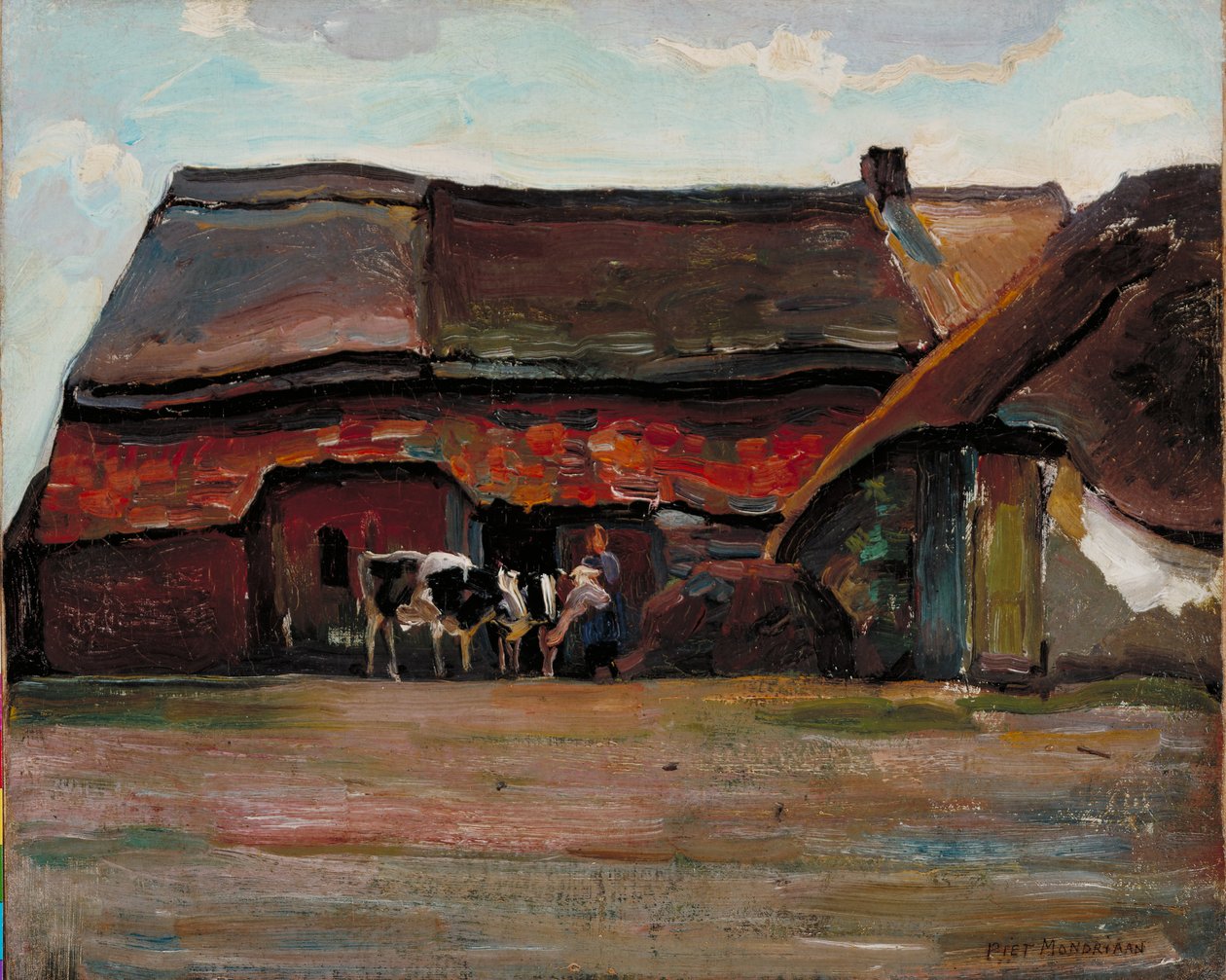 Brabant Farmyard, 1904 (olje på linbrett montert på lerret) av Piet Mondrian