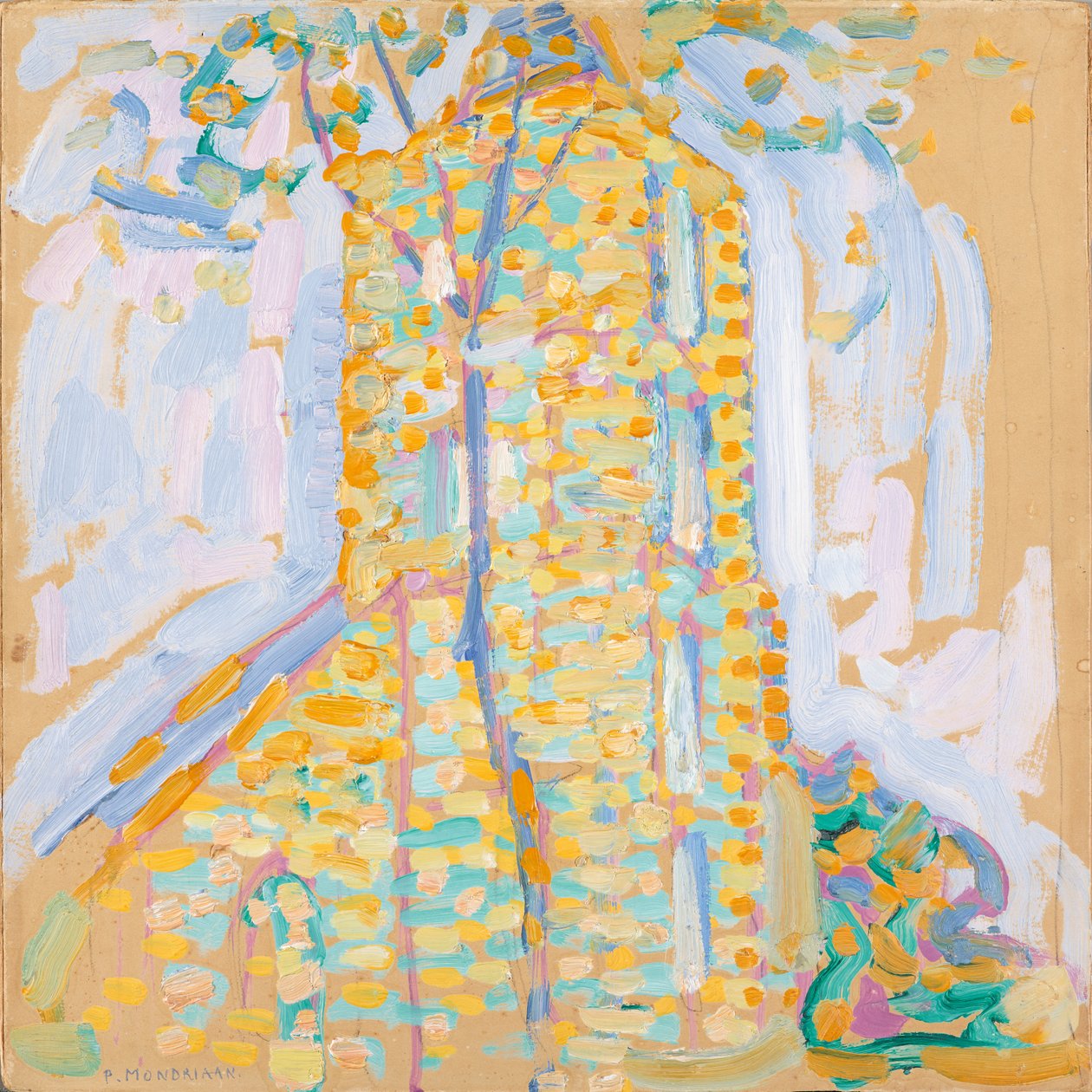 Kirke i Domburg med tre, 1909 (olje på papp) av Piet Mondrian
