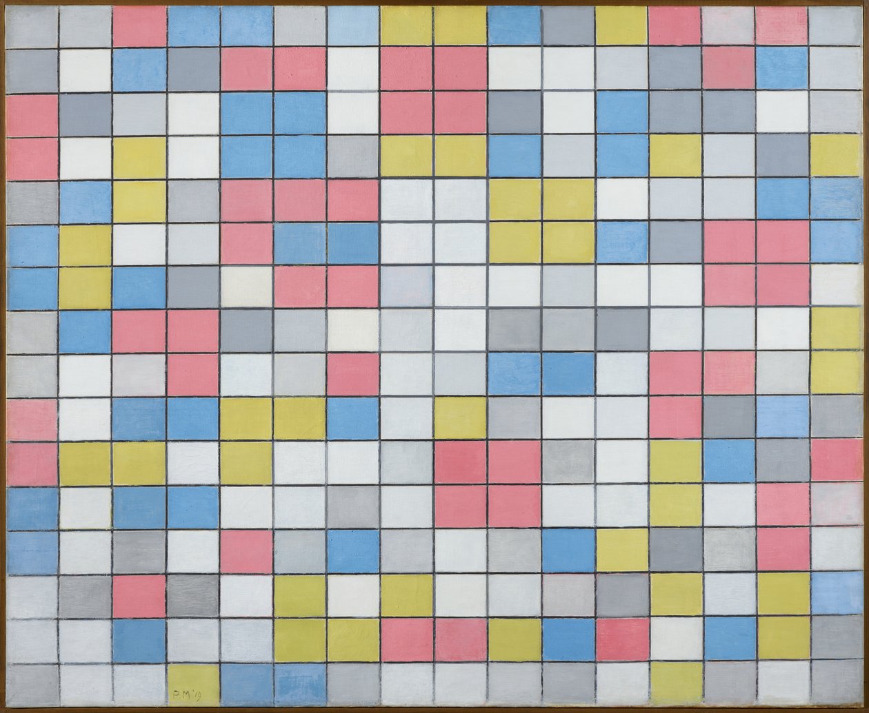 Komposisjon med rutenett 9: Sjakkbrettkomposisjon med lyse farger, 1919 av Piet Mondrian
