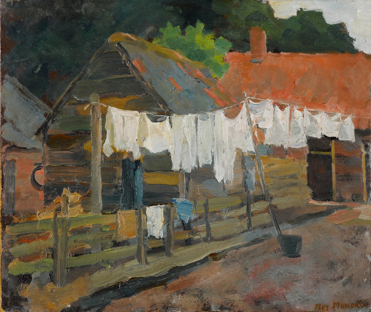 Våningshus med Wash on the Line, ca. 1898 (olje på papp) av Piet Mondrian