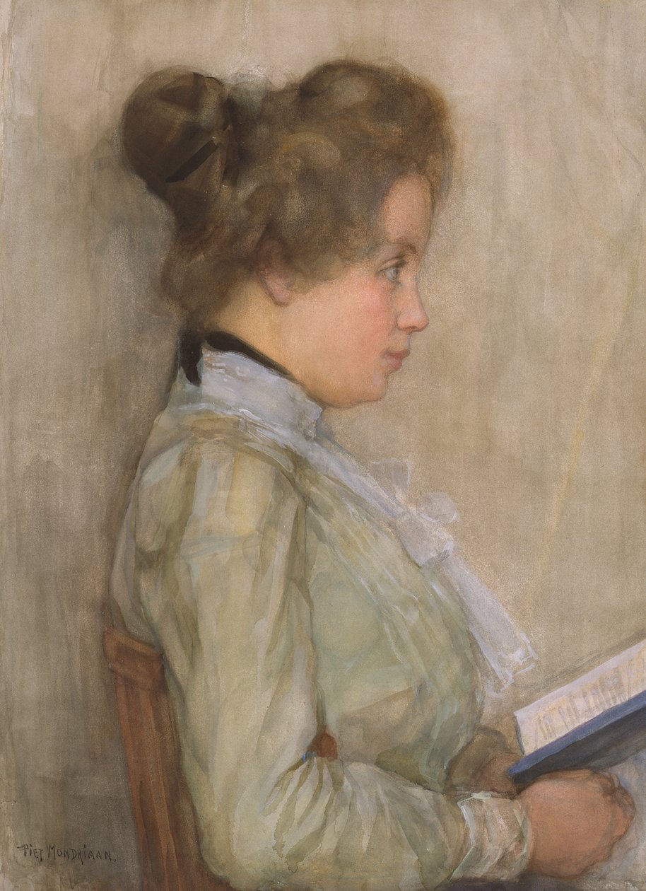 Kvinnelig overkropp i profil med bok, ca. 1898-1900 (wc på papir) av Piet Mondrian
