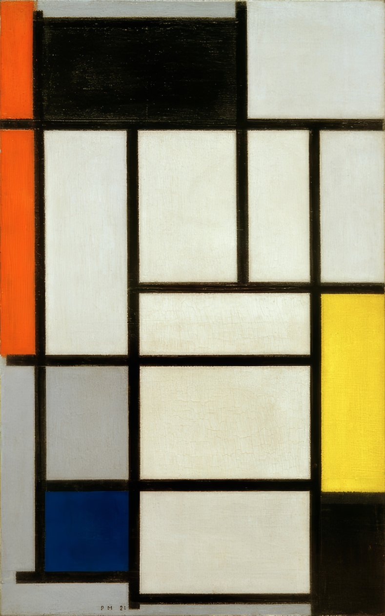 Sammensetning med rød, svart, gul, blå og grå; Composi av Piet Mondrian