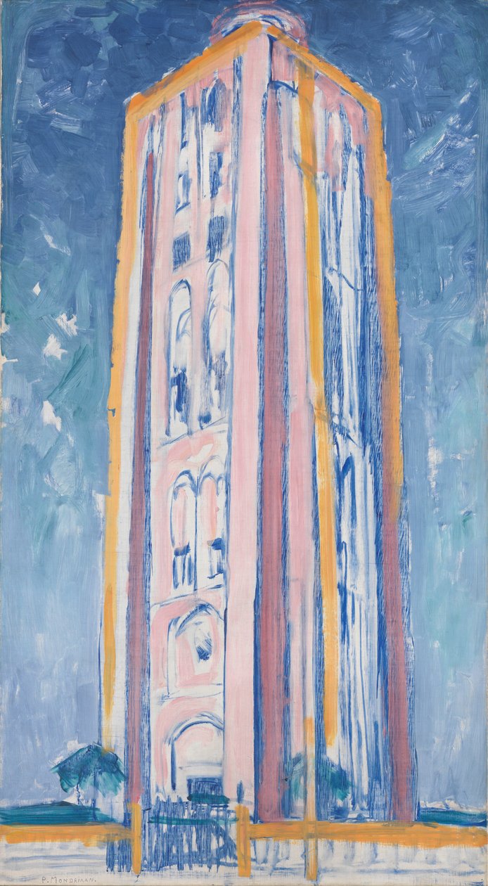 Fyr på Westkapelle i oransje, rosa, lilla og blått, ca. 1910 av Piet Mondrian