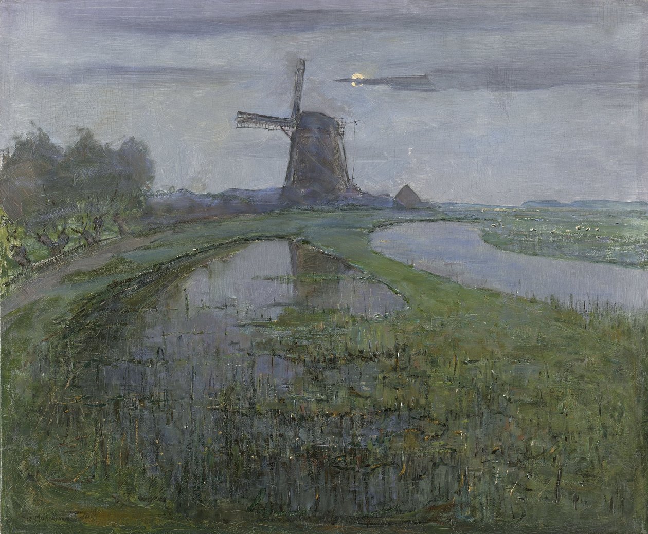 Oostzijdse Mill langs elven Gein ved Moonlight av Piet Mondrian
