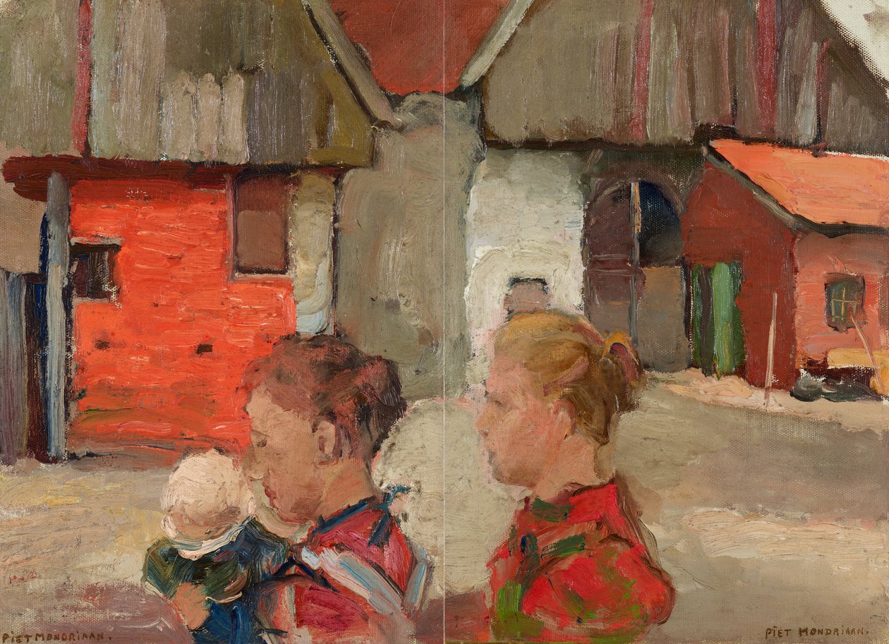 Bakgavler av gårdsbygninger med figurer, 1898-99 av Piet Mondrian