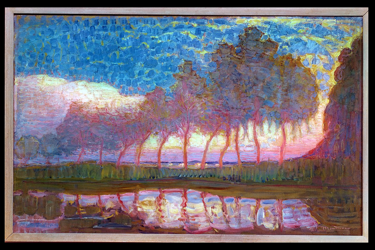 Rad med elleve poppel i rødt, gult, blått og grønt, 1908 av Piet Mondrian