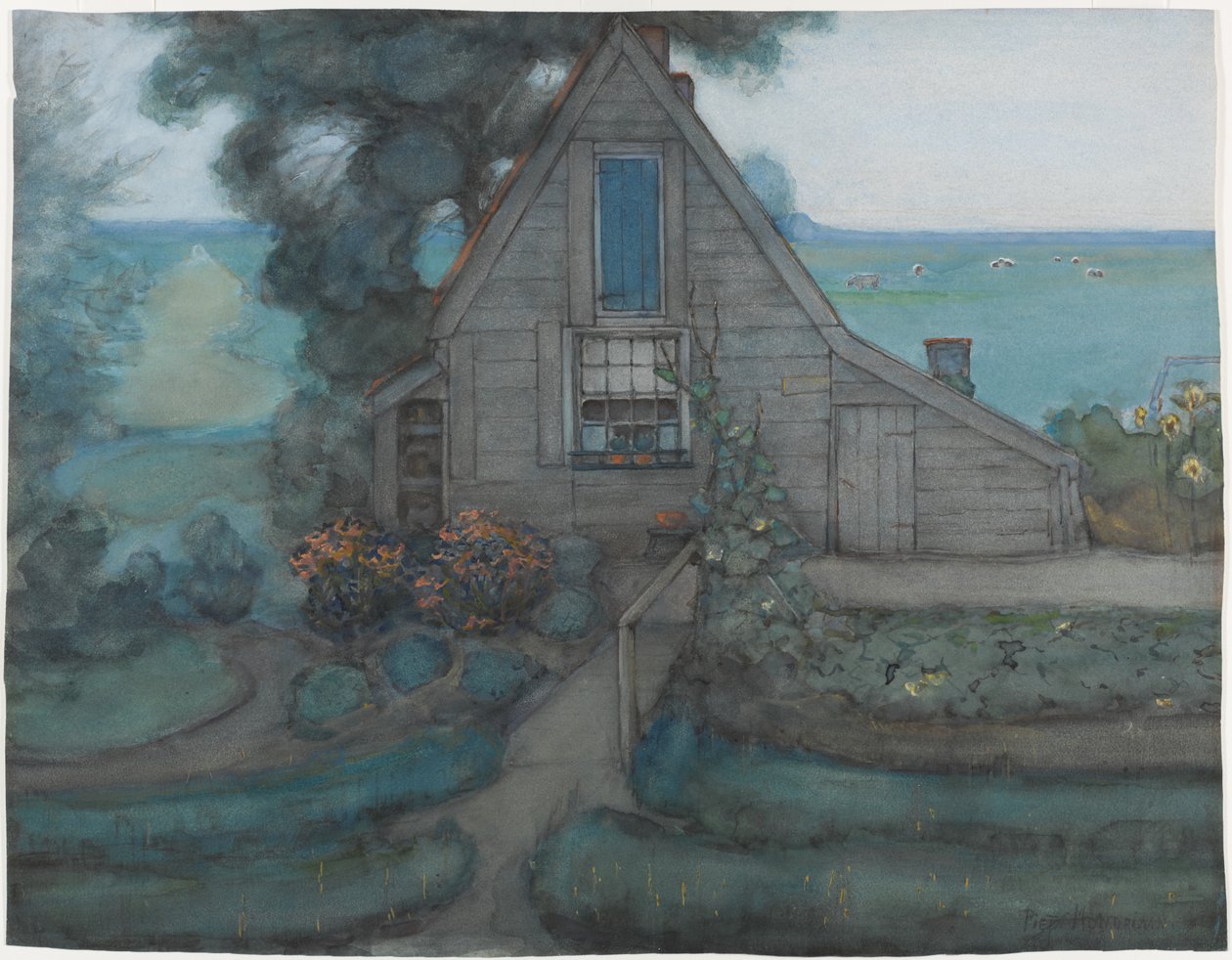 Triangulert våningshusfasade med polder i blått, ca. 1900 (wc & gouache på papir) av Piet Mondrian