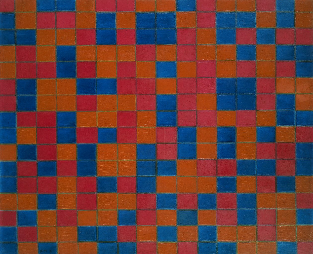Rutebrettkomposisjon med mørke farger av Piet Mondrian
