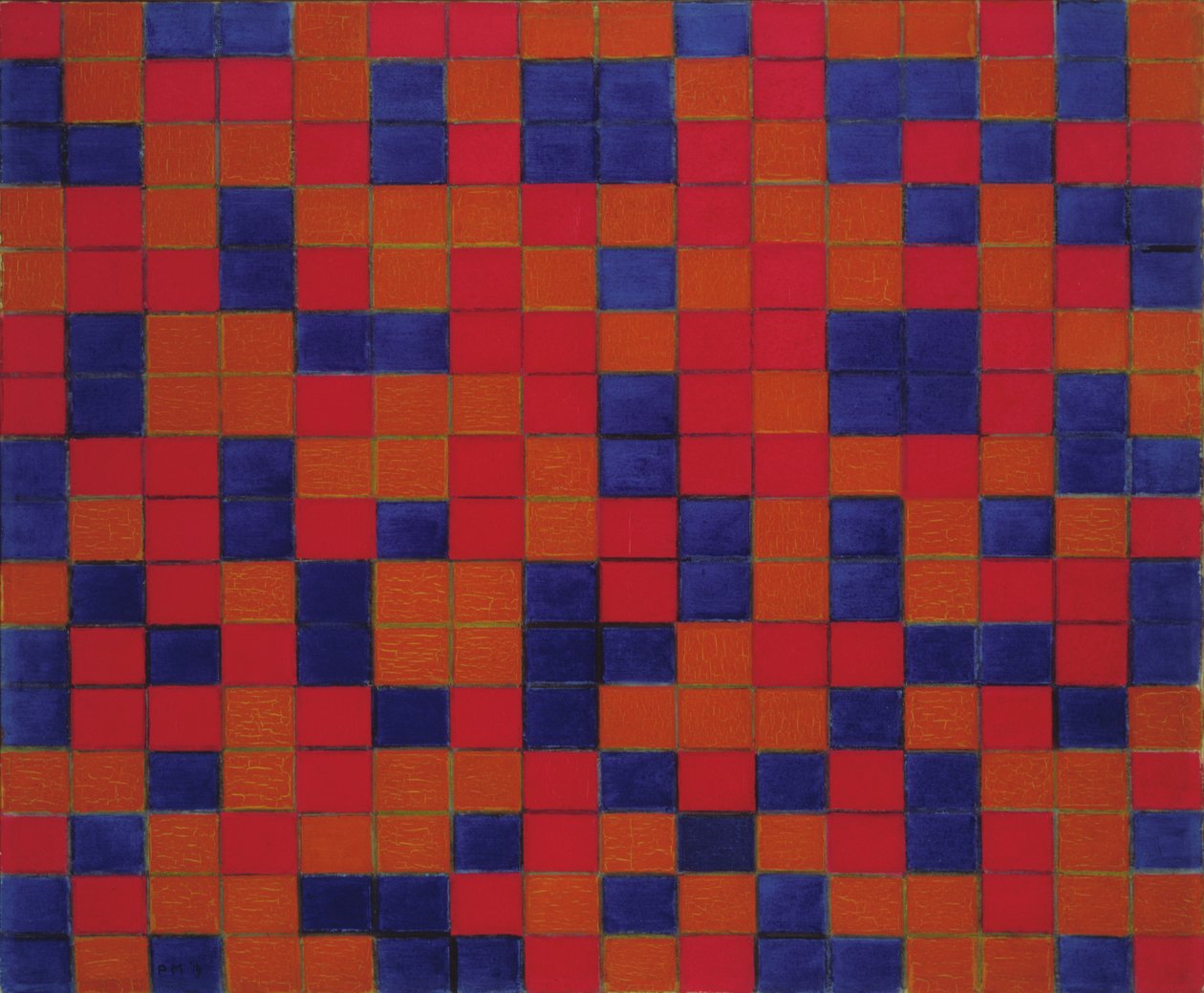 Komposisjon med rutenett 8: Sjakkbrettkomposisjon med mørke farger av Piet Mondrian