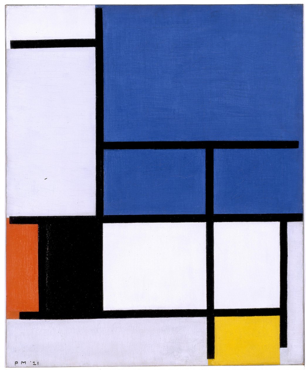 Komposisjon med stort blått plan, rødt, svart, gult og grått av Piet Mondrian