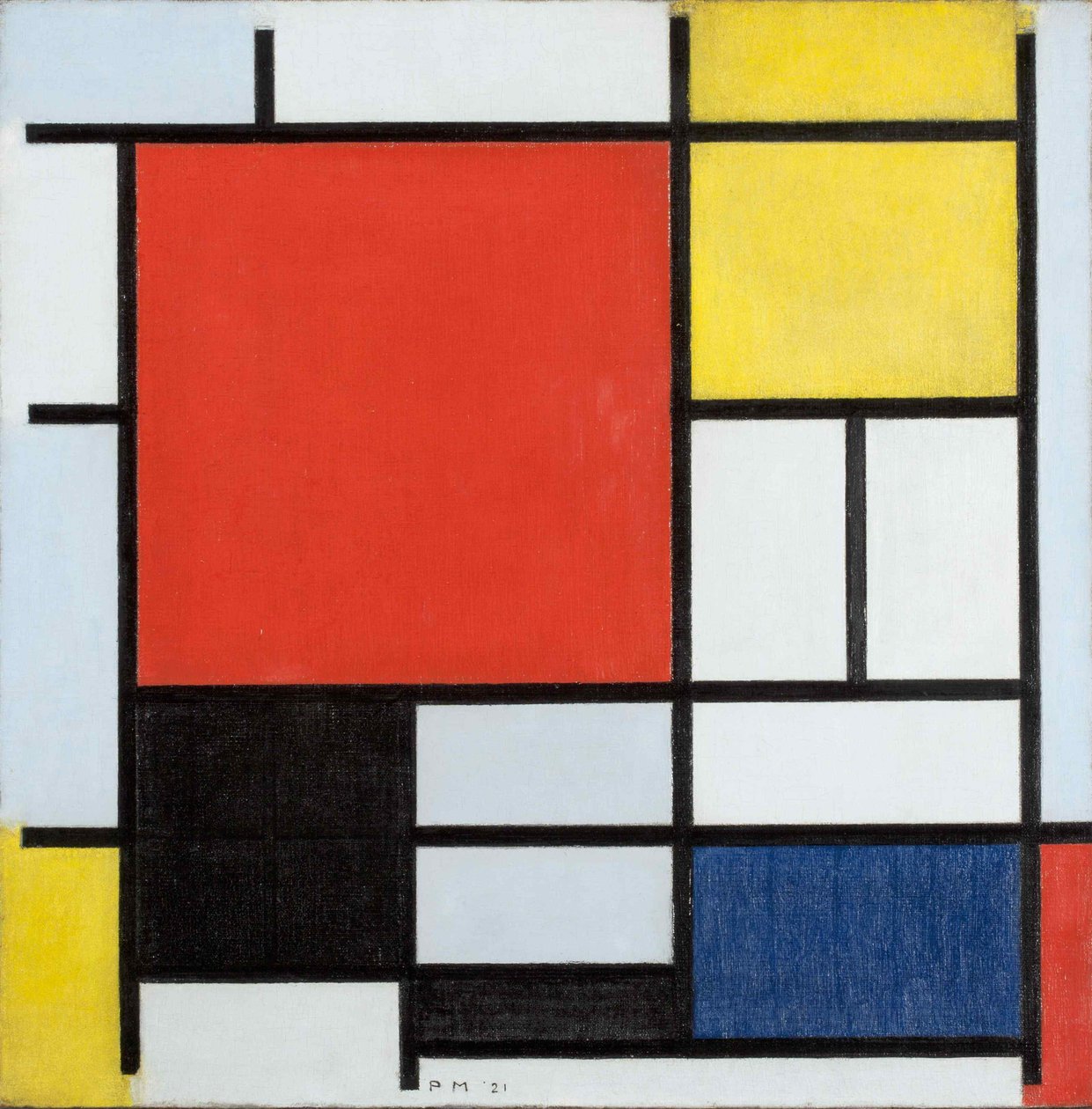 Komposisjon med Large Red Plane, gul, svart, grå og blå, 1921. av Piet Mondrian