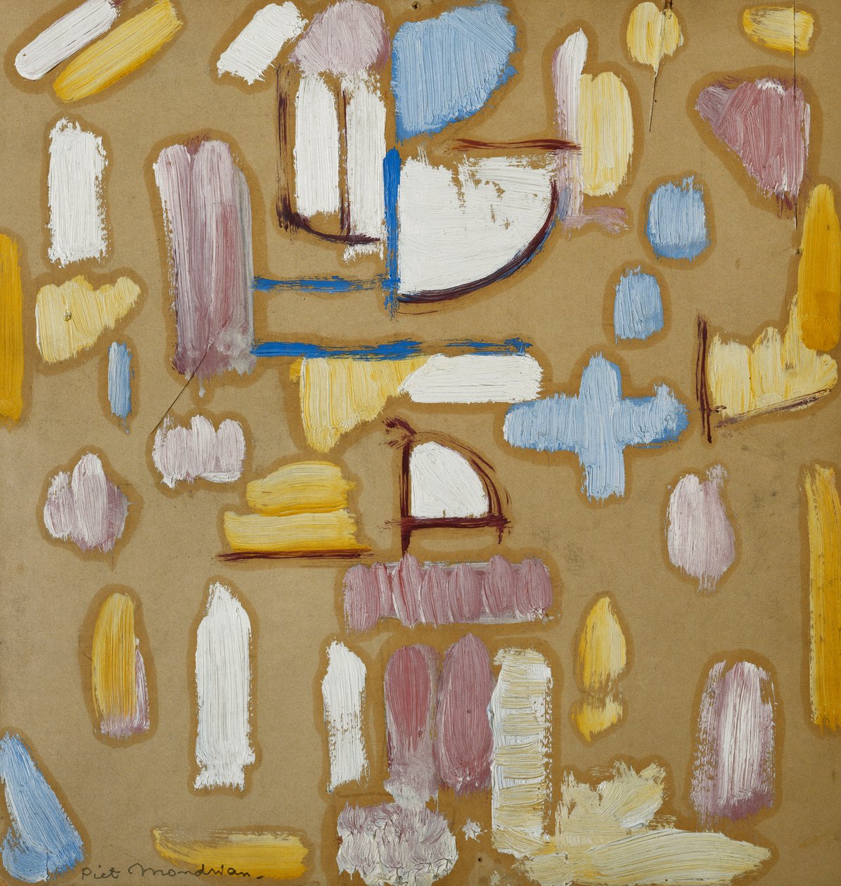 Komposisjon med rosa, blå, gul og hvit (kirkefasade), ca. 1912 (olje på bord) av Piet Mondrian
