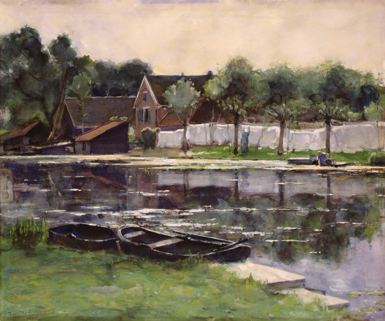 Bondekoner med klesvask på grensen til en elv av Piet Mondrian