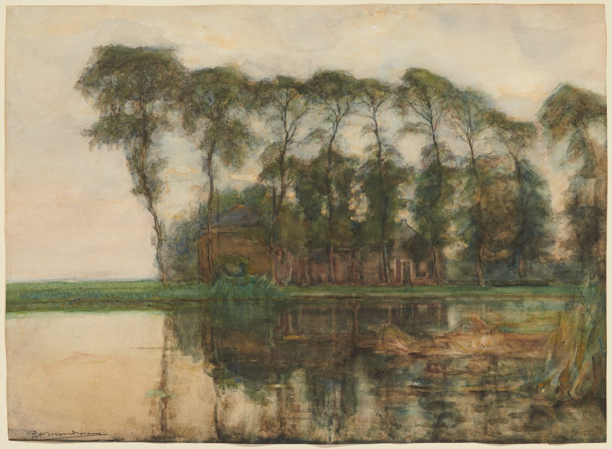 Gård ved vannet skjult av ni høye trær av Piet Mondrian