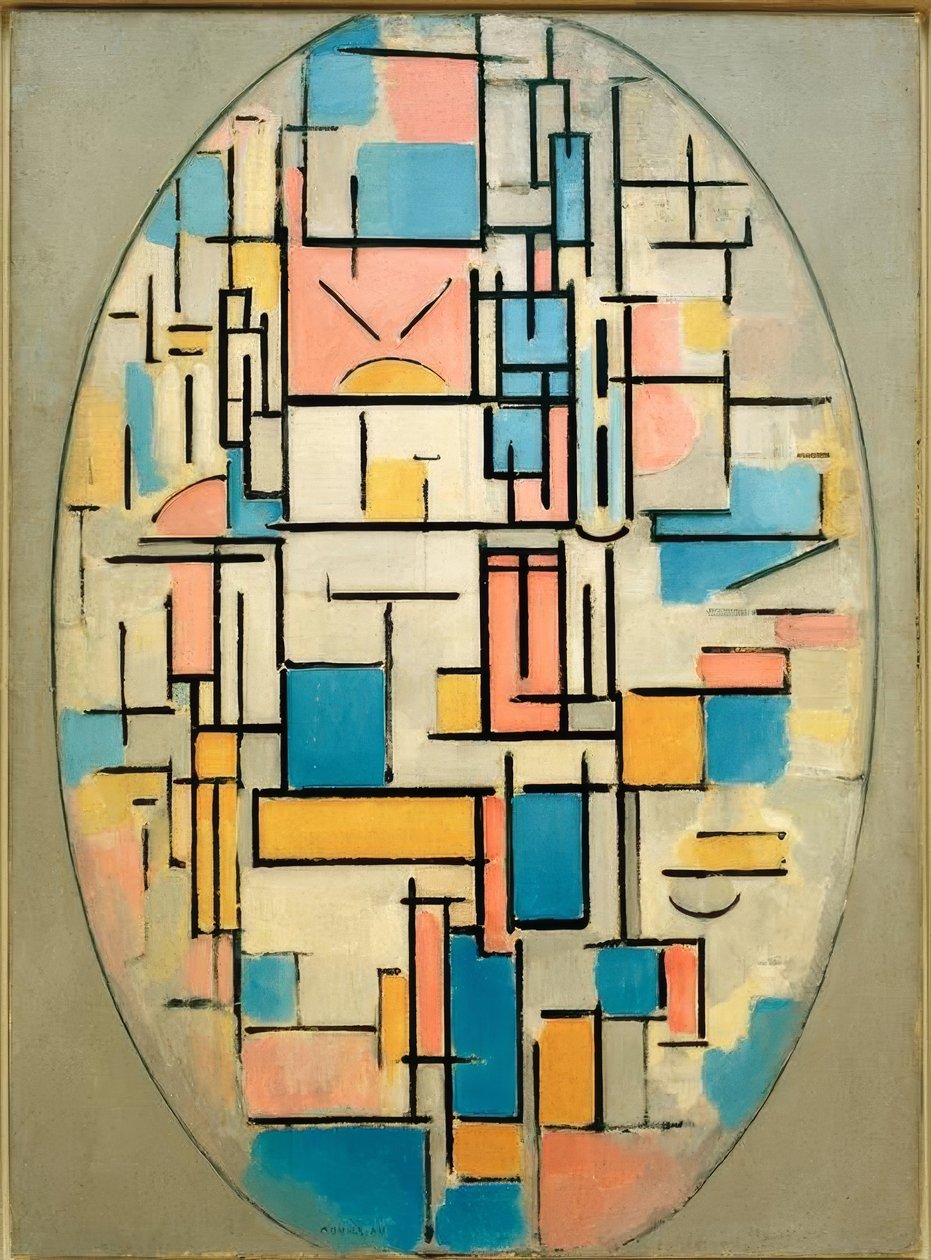 Komposisjon i en oval med fargede områder 1 av Piet Mondrian