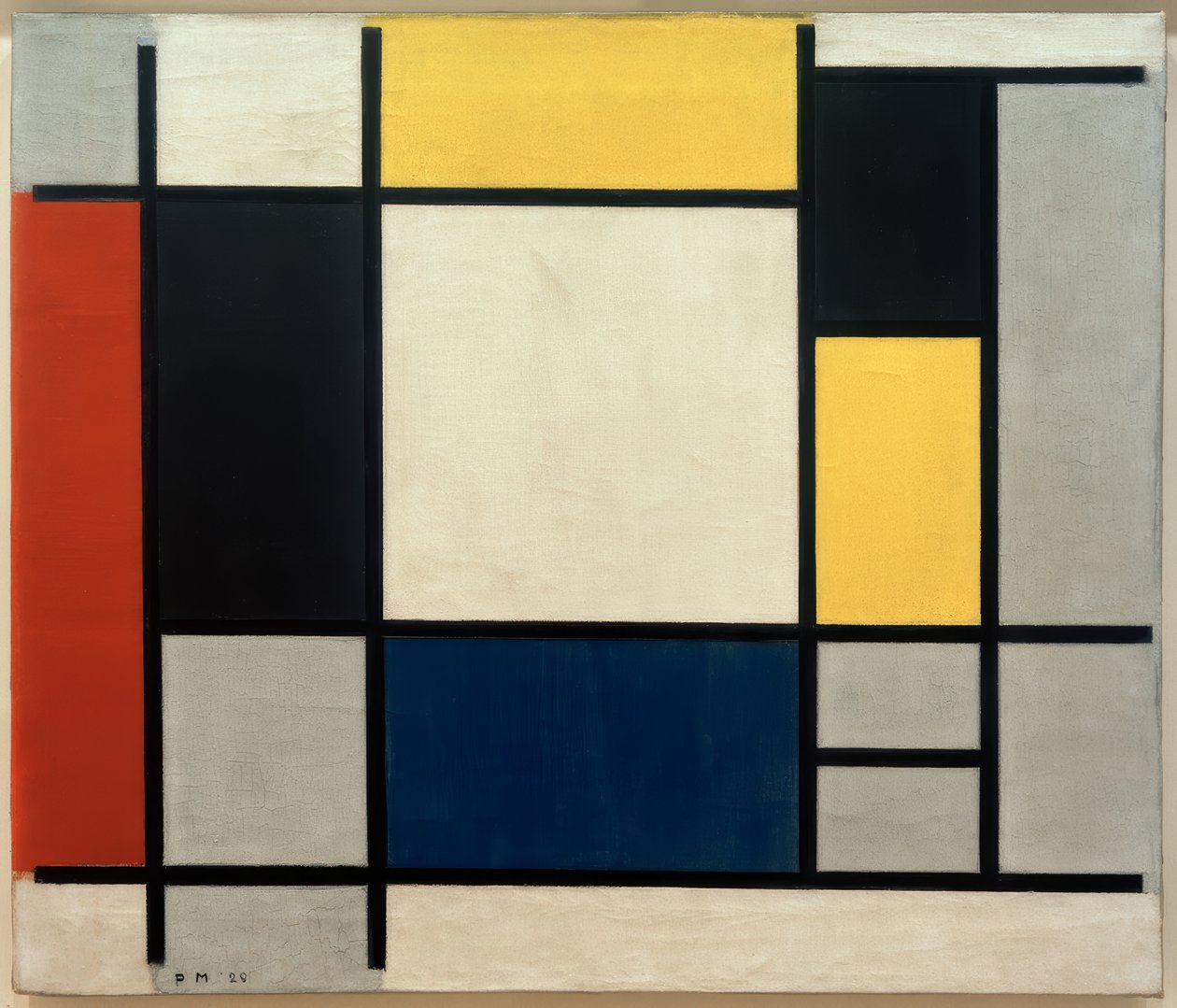 Komposisjon med gul, rød, svart, blå og grå av Piet Mondrian