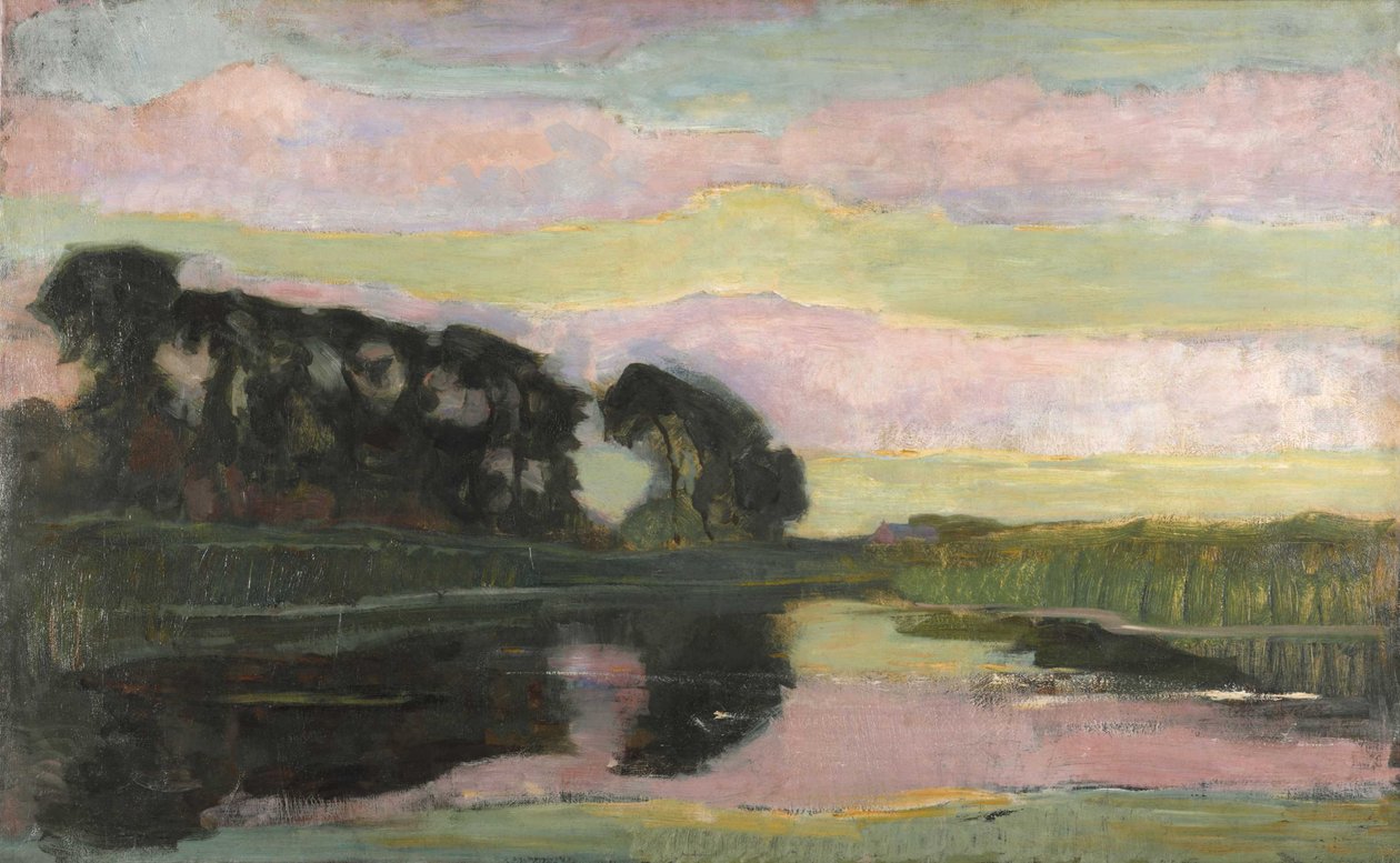 Elvelandskap med rosa og gulgrønn himmel, ca 1907-1908. av Piet Mondrian