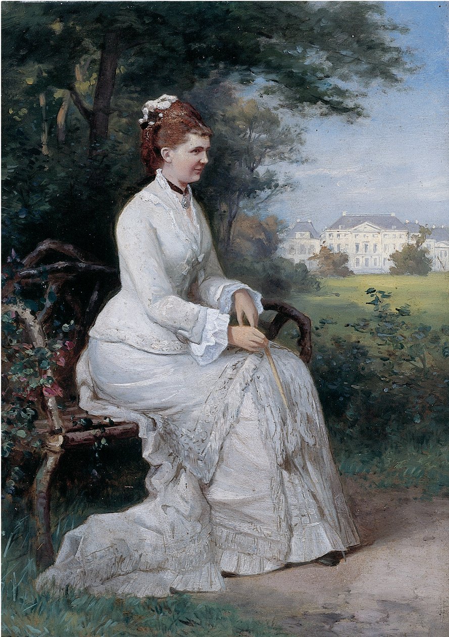 Portrett av prinsesse Emma von Waldeck-Pyrmont sittende på en benk i parken til Palace Het Loo (olje om bord) av Piet Schipperus