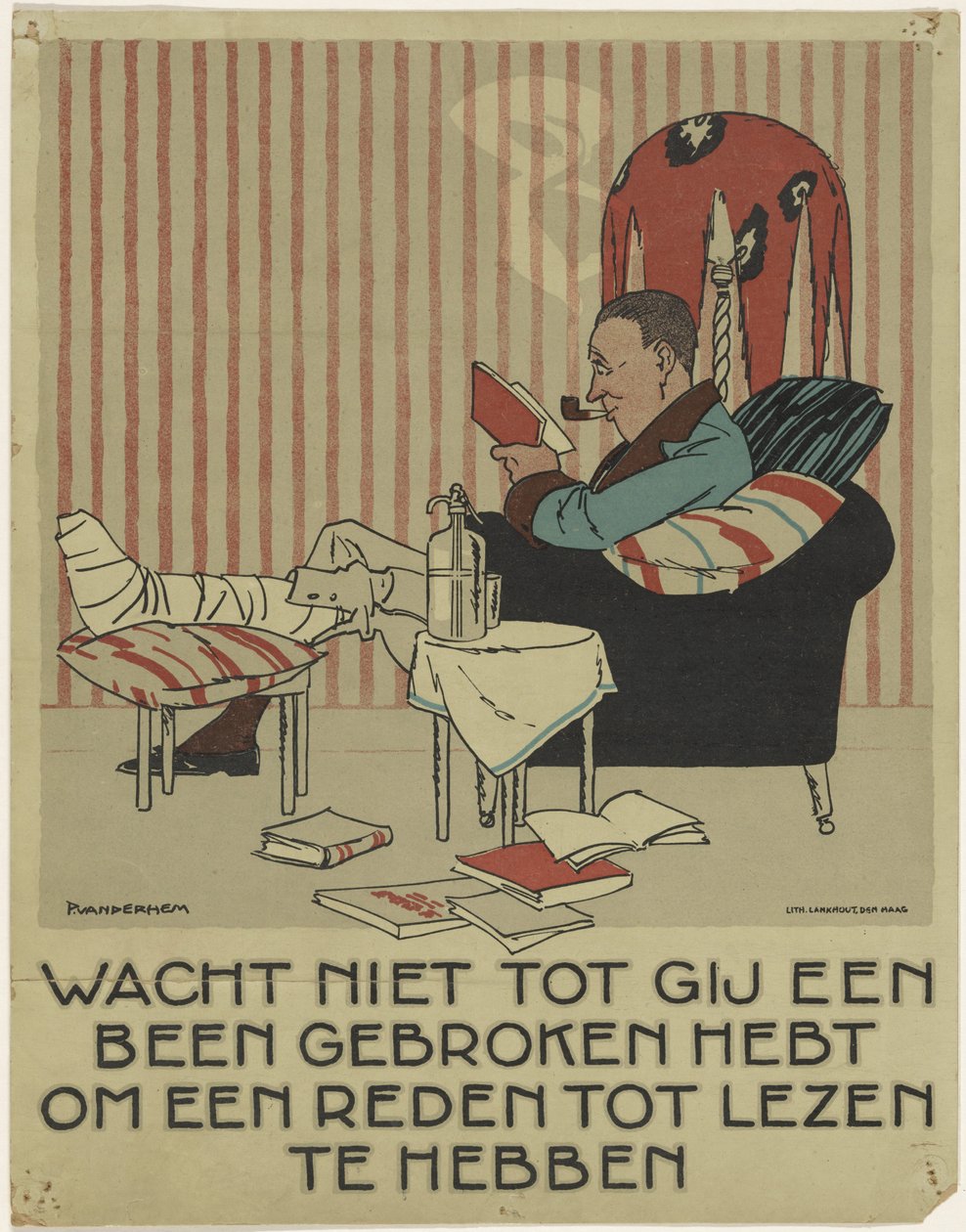 Mann leser med brukket ben i lenestol Kampanje for å promotere boken (serietittel) av Piet van der Hem