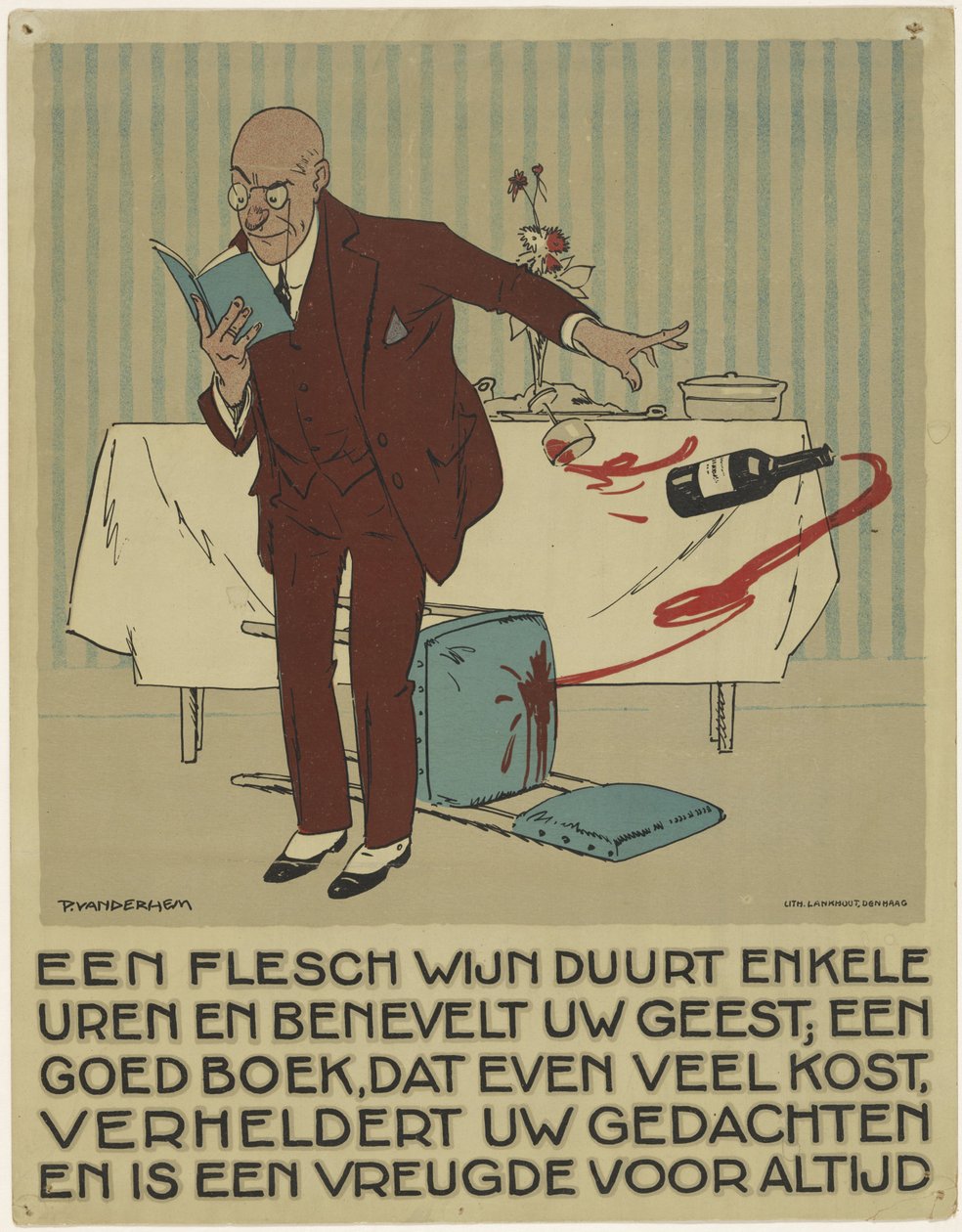 Mann som leser ved et uhell slår en flaske og et glass vin av bordet Kampanje for å promotere boken (serietittel) av Piet van der Hem