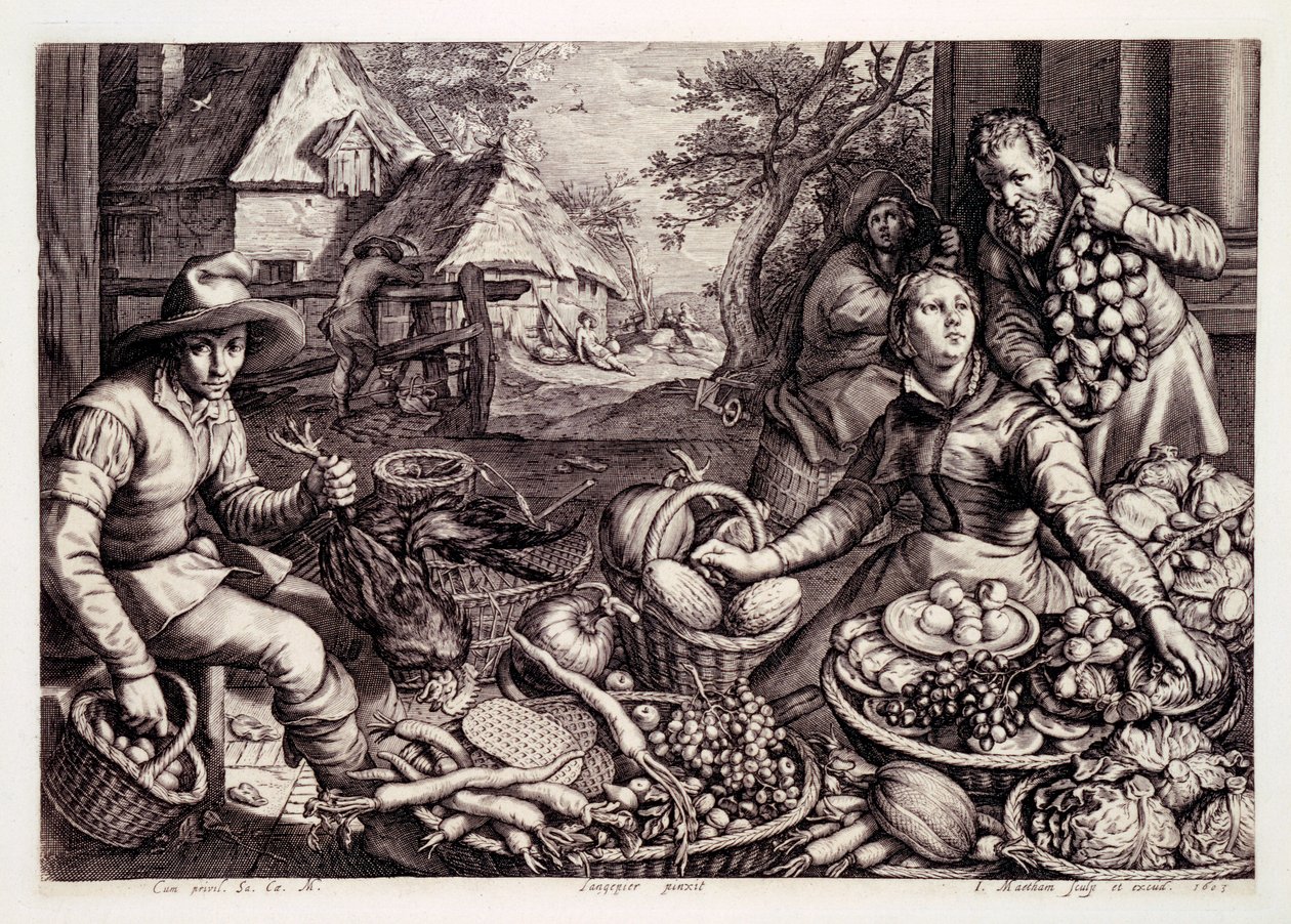 Autumn Produce and Game, trykk laget av Jacob Matham, 1603 av Pieter Aertsen