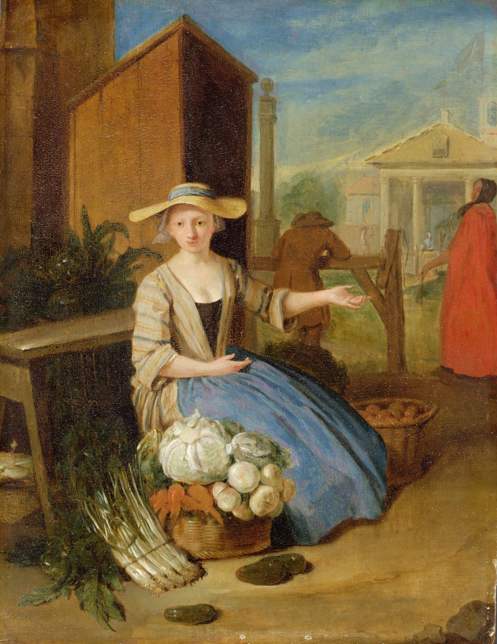 Grønnsakselger, Covent Garden, ca. 1726 av Pieter Angillis