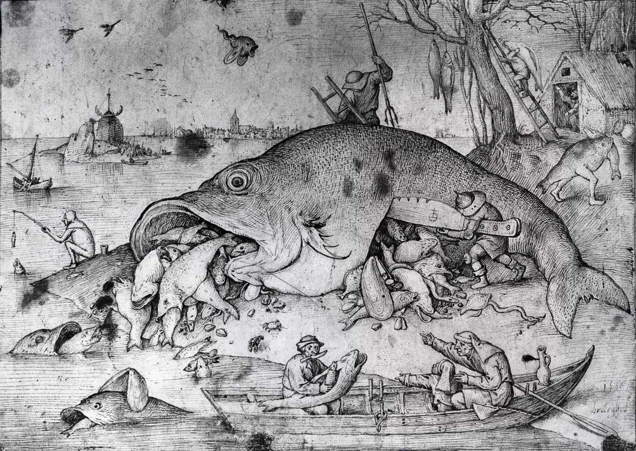 Store fisker spiser små, 1556 (penn og blekk på papir) av Pieter Bruegel the Elder