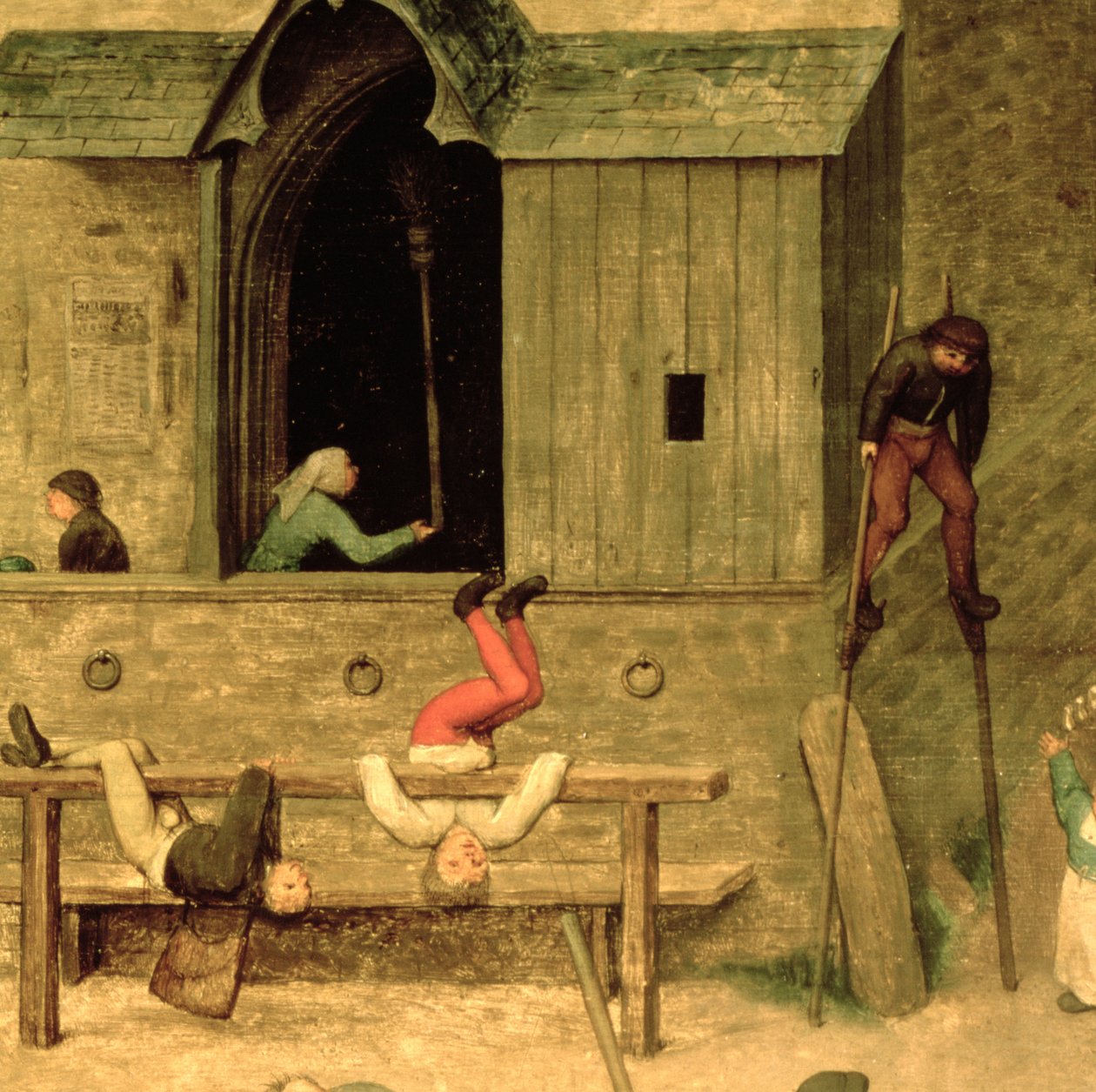 Barnespill (Kinderspiele): detalj av en gutt på stylter og barn som leker i aksjene, 1560 (detalj av 68945) av Pieter Bruegel the Elder