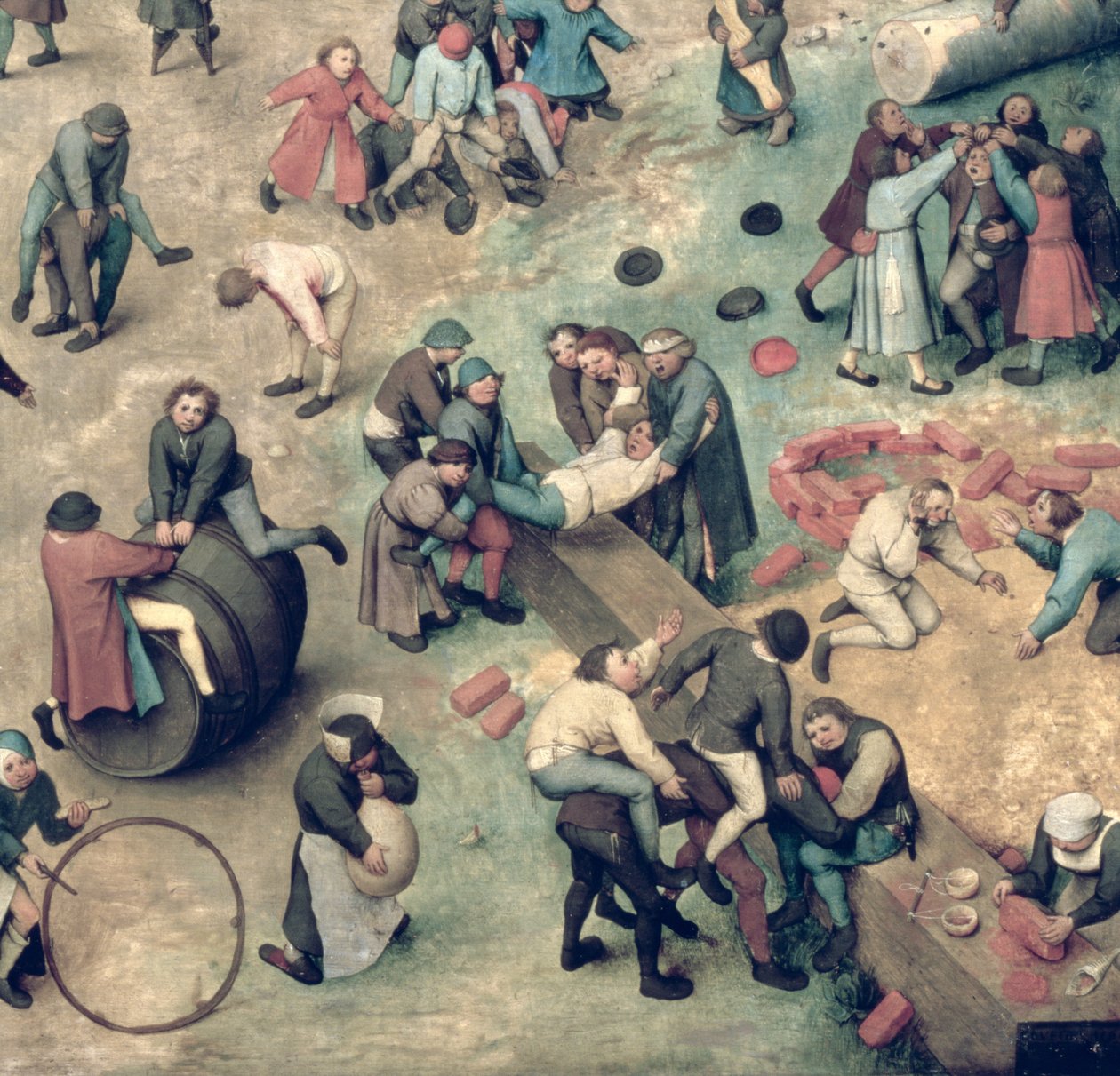 Barnespill (Kinderspiele): detalj i nedre høyre hjørne som viser barn som leker med murstein, bøyler og en tønne, 1560 (detalj av 68945) av Pieter Bruegel the Elder