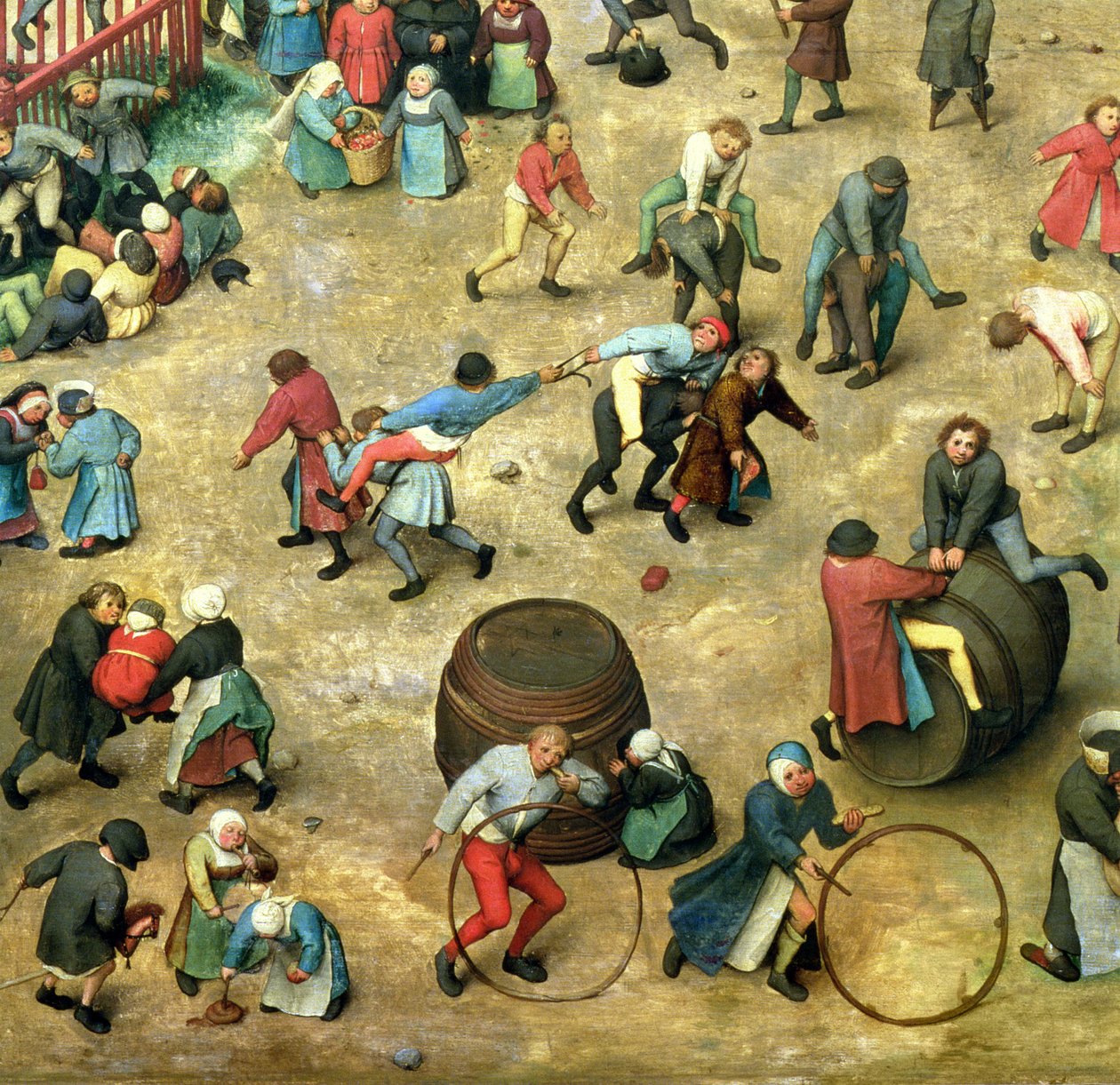 Barnespill (Kinderspiele): detalj av den nederste delen som viser forskjellige spill, 1560 (detalj av 68945) av Pieter Bruegel the Elder